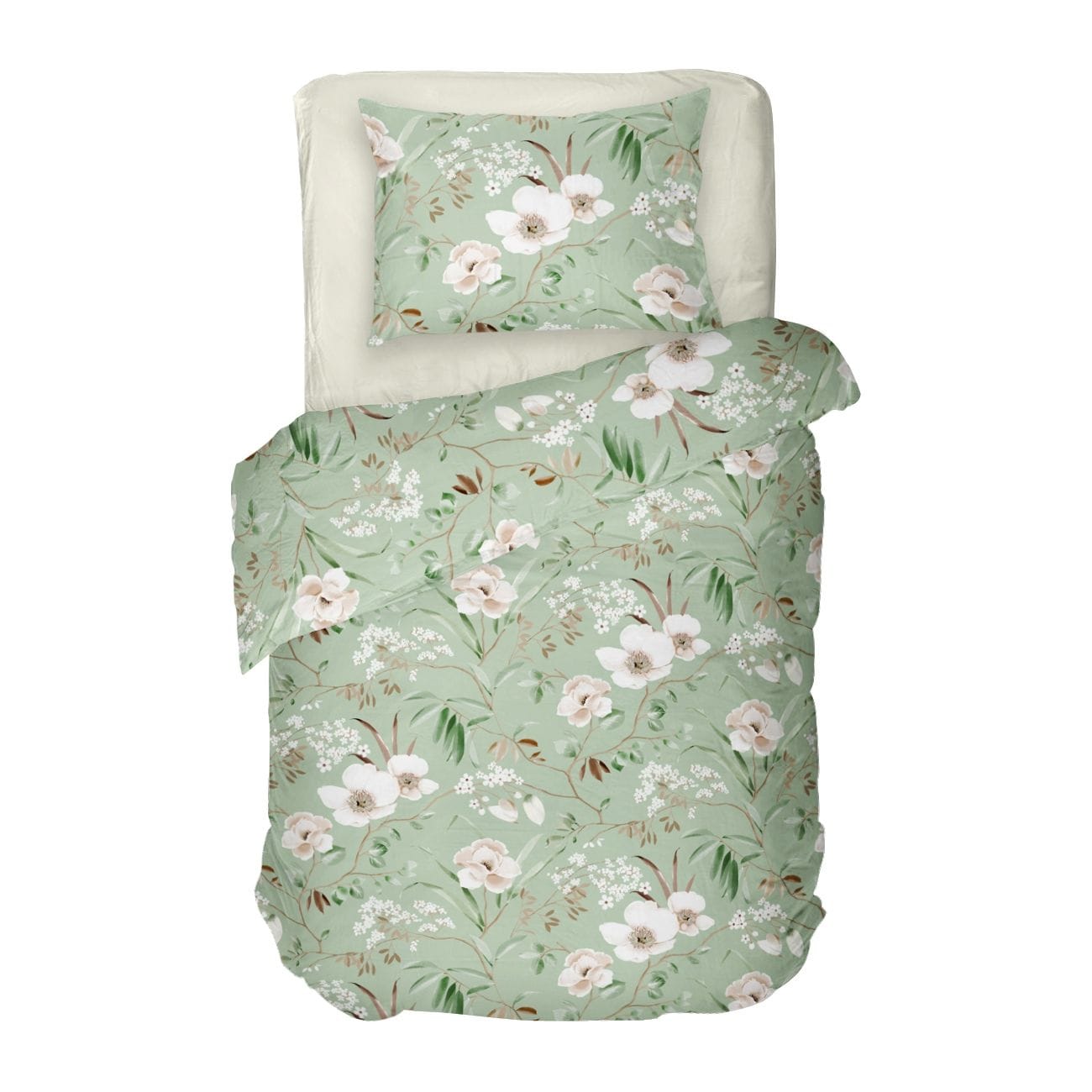 Памучно Спално бельо МАГНОЛИЯ в зелено и екрю от Памук Ранфорс, 3 части