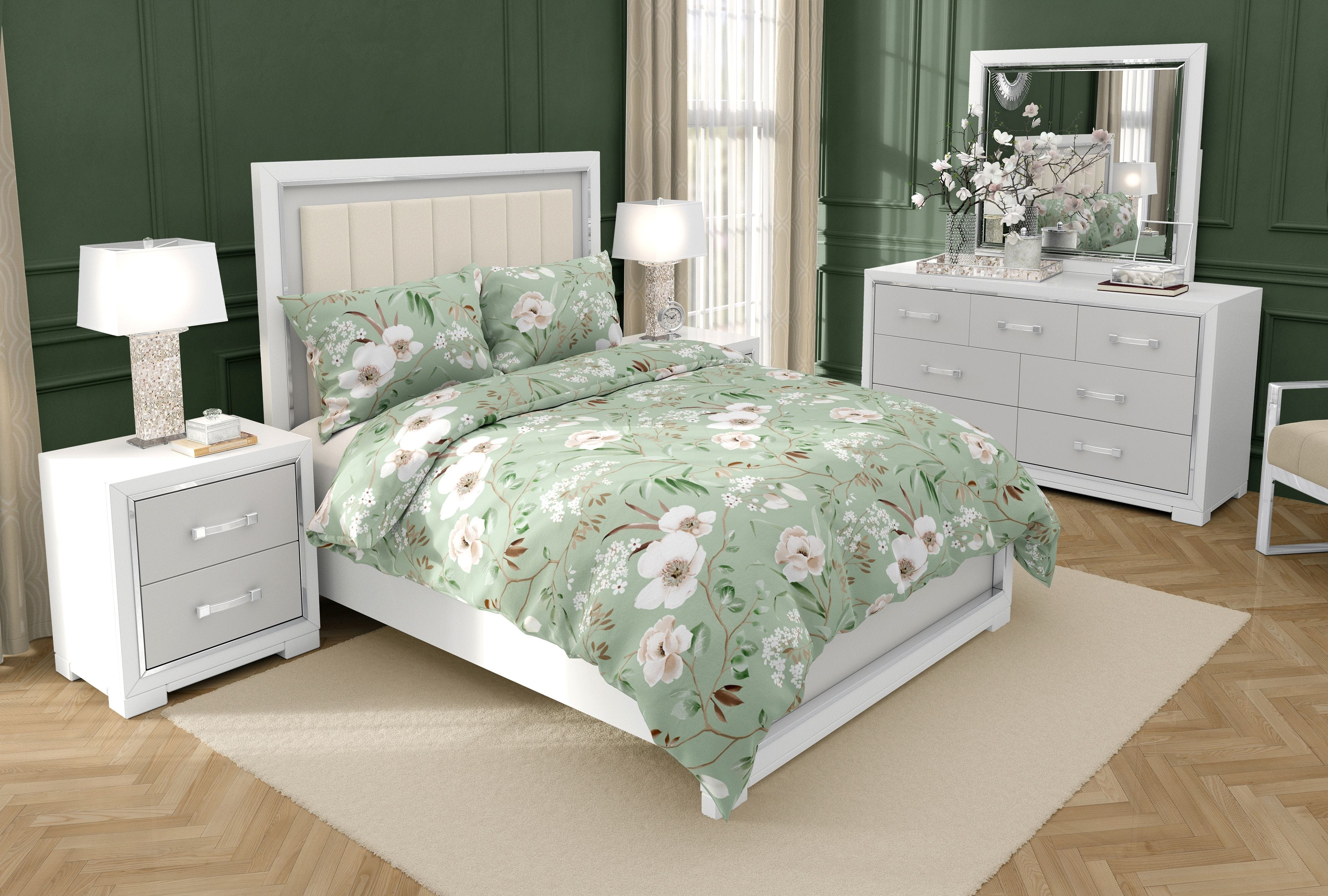 Памучно Спално бельо МАГНОЛИЯ в зелено и екрю от Памук Ранфорс, 3 части