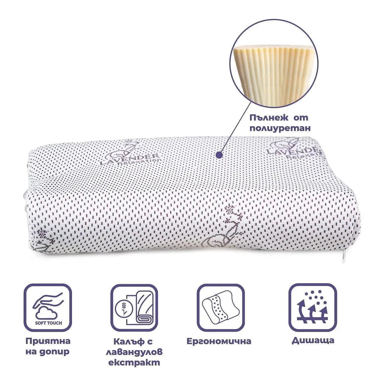 Лавендър - Възглавница за сън с ортопедично полиуретаново ядро, За спане по гръб или настрани, Свалящ се калъф за лесно пране Izidream